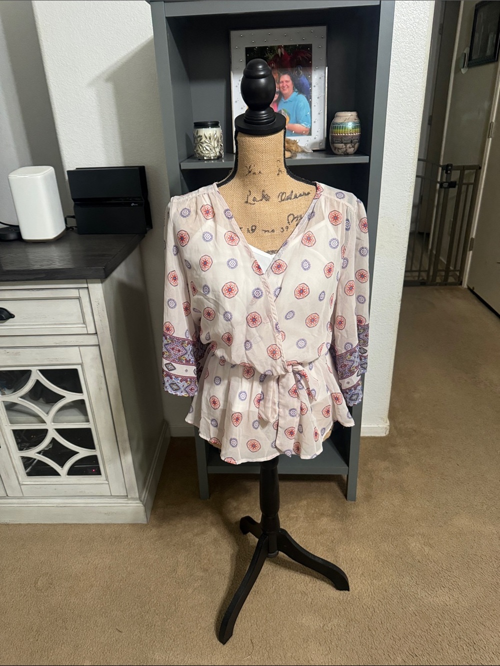 Maurices Cream Boho Peplum Blouse with Pink & Blue Medallions Size S